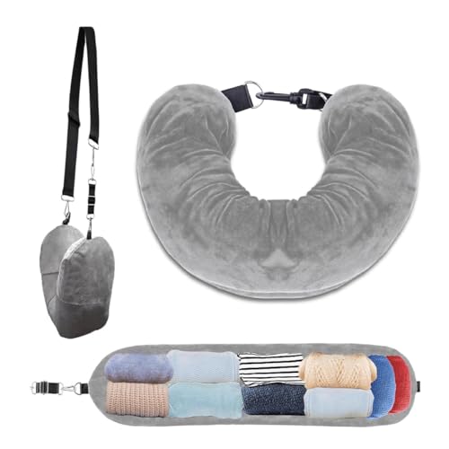 CEJAS 1 Stück Nackenkissen Flugzeug Travel pillow Nackenhörnchen Befüllbares Nackenkissen befüllbar mit Kleidung zum Reisen, Waschbarer Kissenbezug, Flug Handgepäck Sparen（Grau) von CEJAS