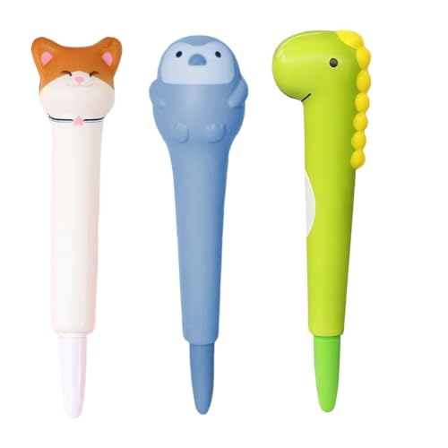 CEJAS 3 Stück Anti-Stress Gelstift, Kawaii Stift Schreibwaren zum Entspannen, Konzentration, super weich, schwarze Tinte, Squeezies, Katze + Pinguin + Dinosaurier von CEJAS