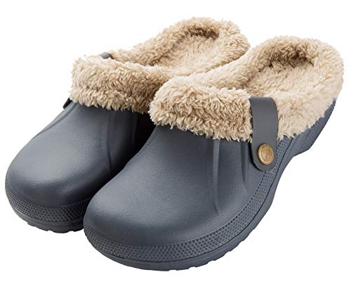 CELANDA Clogs Gefüttert Damen Herren Warm Hausschuhe wasserdichte Gartenclogs mit Fell Frauen Geschlossen Lined Clogs Winter Plüsch Pantoletten Grau Größe.43/44 EU von CELANDA