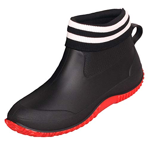 CELANDA Damen Kurze Gummistiefel Herren Regenstiefel rutschfeste Gartenschuhe Outdoor wasserdichte Schuhe Ankle Stiefel Chelsea Boots(Schwarz rote gefüttert Größe: 34 EU = Sohlengröße:35) von CELANDA