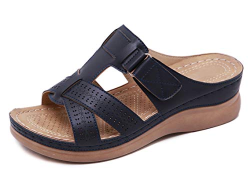 CELANDA Pantoletten Damen Freizeit Plateau Sandalen Sommer Keilabsatz Leder Hausschuhe Rutschfeste Strand Bequeme Sandaletten Frauen Vintage Sommerschuhe, Navy blau Größe:38 EU von CELANDA