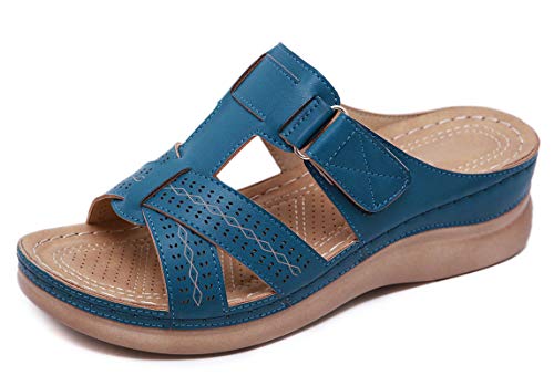 CELANDA Pantoletten Damen Freizeit Plateau Sandalen Sommer Keilabsatz Leder Hausschuhe Rutschfeste Strand Bequeme Sandaletten Frauen Vintage Sommerschuhe, Blau Größe:41 EU von CELANDA