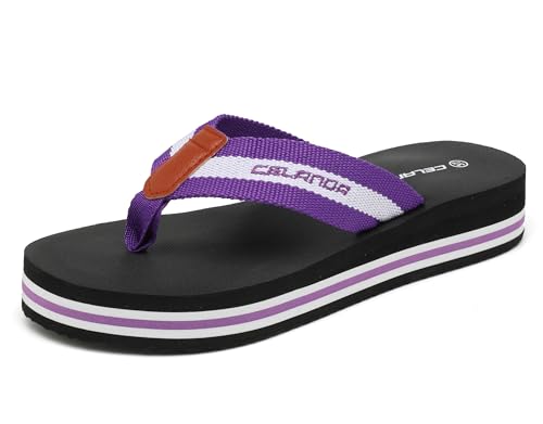CELANDA Flip Flops Damen Flip-On Zehentrenner Frauen Leicht Badelatschen Bequeme Keilabsatz Strandschuhe Stoff Weich Yoga Matte Sandalen,Violett Gr.37 EU von CELANDA