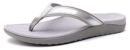 CELANDA Flip Flops Damen Herren Zehentrenner Orthopädische Badelatschen Frauen Freizeit Stylische Hausschuhe Pantoletten Rutschfest Badesandalen Silber grau Größe:41 EU von CELANDA