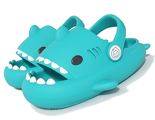 CELANDA Hai Hausschuhe für Jungen Mädchen Dusch Badeschuhe rutschfeste Shark Sildes Slippers Cute Badelatschen Kinder Pantoletten Weiche Dicke Sohle,Grüner Hai Gr.24/25 EU von CELANDA