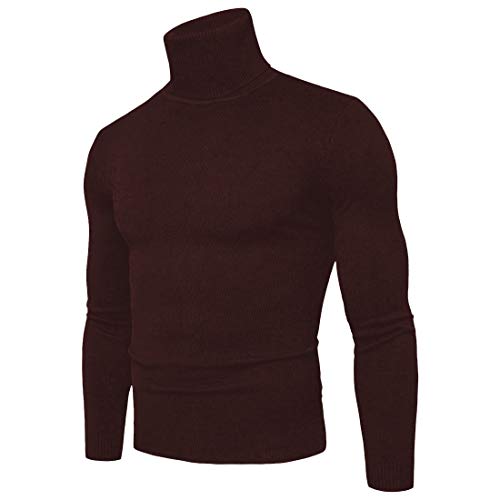 CELANDA Herren Strickpullover Stehkragen Turtleneck Sweater Slim Fit Rollkragen Pullover Warme Strickpullover Roter Kaffee Größe:L/Etikettengröße:XL von CELANDA