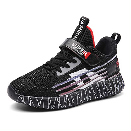 CELANDA Kinder Laufschuhe Sportschuhe Bequeme Atmungsaktive Leichte Turnschuhe für Jungen Mädchen Klettverschluss Hallenschuhe Schule Outdoor Sneaker,Schwarz 28 EU von CELANDA