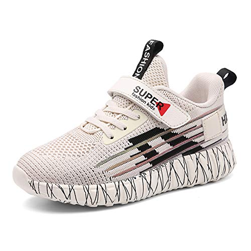 CELANDA Kinder Laufschuhe Sportschuhe Bequeme Atmungsaktive Leichte Turnschuhe für Jungen Mädchen Klettverschluss Hallenschuhe Schule Outdoor Sneaker,Beige 26 EU von CELANDA