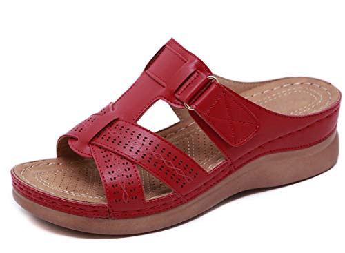 CELANDA Pantoletten Keilabsatz Damen Plateau Sandalen Sommer Kunstleder Freizeit Hausschuhe rutschfeste Strand Bequeme Sandaletten Frauen Vintage Sommerschuhe, Rot Gr.36 EU von CELANDA