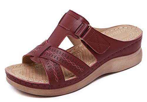 CELANDA Pantoletten Damen Freizeit Plateau Sandalen Sommer Keilabsatz Leder Hausschuhe Rutschfeste Strand Bequeme Sandaletten Frauen Vintage Sommerschuhe, Rotwein Größe:44 EU von CELANDA