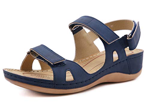 CELANDA Peep Toe Sandalen Damen Knöchelriemchen Sandalen Frauen Flache Lässig Sommer Sandale Outdoor Plateausandalen Blau Gr.36 EU von CELANDA