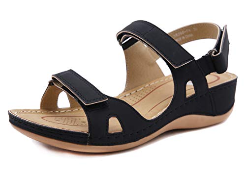 CELANDA Peep Toe Sandalen Damen Knöchelriemchen Sandalen Frauen Flache Lässig Sommer Sandale Outdoor Plateausandalen Schwarz Gr.37 EU von CELANDA