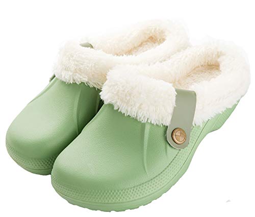 CELANDA Clogs Gefüttert Damen Herren Warm Hausschuhe wasserdichte Gartenclogs mit Fell Frauen Geschlossen Lined Clogs Winter Plüsch Pantoletten Grün 42/43 EU von CELANDA