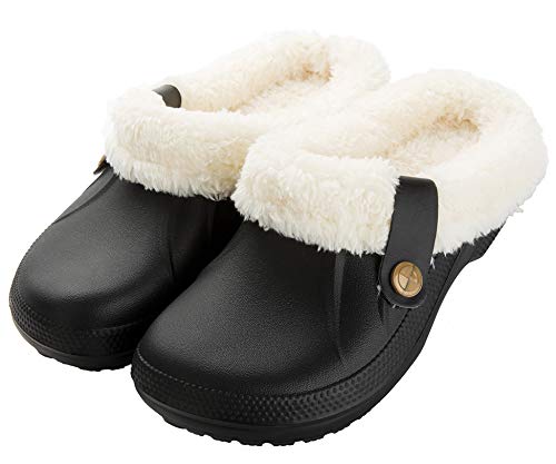 CELANDA Clogs Gefüttert Damen Herren Warm Hausschuhe wasserdichte Gartenclogs mit Fell Frauen Geschlossen Lined Clogs Winter Plüsch Pantoletten Schwarz D 40/41 EU von CELANDA