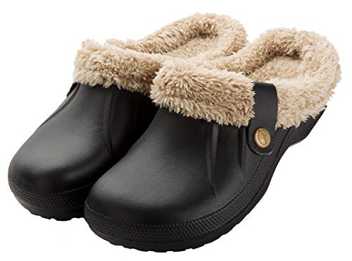 CELANDA Clogs Gefüttert Damen Herren Warm Hausschuhe wasserdichte Gartenclogs mit Fell Frauen Geschlossen Lined Clogs Winter Plüsch Pantoletten Schwarz H 43/44 EU von CELANDA