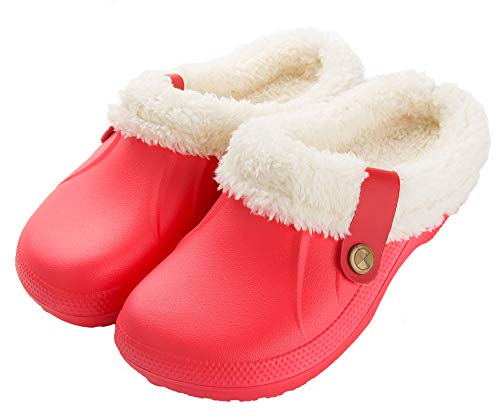 CELANDA Clogs Gefüttert Damen Herren Warm Hausschuhe wasserdichte Gartenclogs mit Fell Frauen Geschlossen Lined Clogs Winter Plüsch Pantoletten Rot 35/36 EU von CELANDA