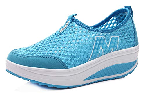 CELANDA Damen Abnehmen Walkingschuhe Mesh Plateau Turnschuhe Fashion Schnürer Sneakers mit Keilabsatz Shape-Up Fitnessschuhe C Hellblau Gr: 35 EU von CELANDA