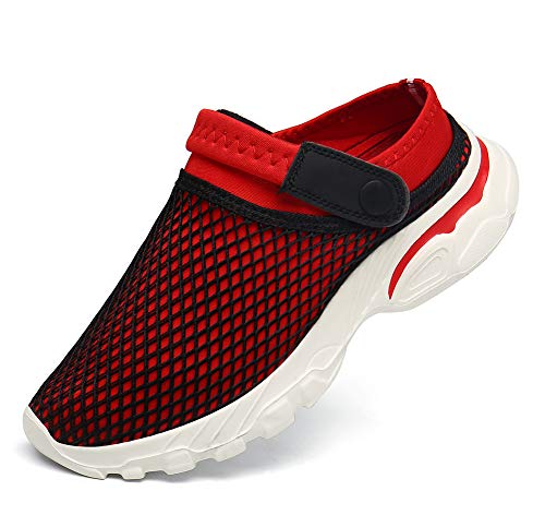 Unisex Clogs Hausschuhe Herren Damen Pantoletten Sommer Mesh Sabot Beach Sandalen Atmungsaktiv Gartenschuhe mit rutschfest Weiche Sohle Schwarz Rot Gr.37 von CELANDA