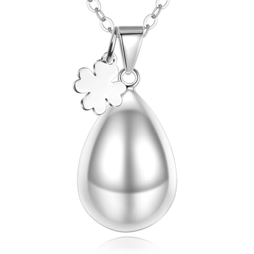 CELESTA Engelsrufer Kette mit Klangkugel Schwangerschaft Kette Versilbertes Kupfer Anhänger Wassertropfen mit Kleeblatt Glücksbringer Frauen Werdende Mama Geschenk für Schwangere Freundin von CELESTIA