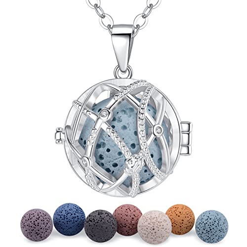 CELESTIA Aromatherapie Ätherisches Öle Diffusor Kette Damen Entspannung Schmuck Meditation, Versilberter Himmelskörper Anhänger mit 7 Vulkanische Felsen von CELESTIA