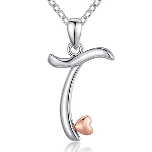 CELESTIA Buchstabe T Kette für Damen Mädchen, 925 Sterling Silber Roségold Anfangsbuchstaben und Herz Anhänger, Personalisierte Schmuck Geschenke für Sie von CELESTIA