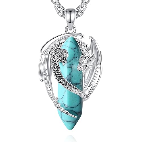 CELESTIA Drachen Kette, Versilbert Drachen Anhänger Türkis Kette Blau Kristall Halskette Schmuck Edelstein Halbedelsteine Aufmunterung Geschenke Mutmacher Geschenk für Männer Frauen Freundin von CELESTIA