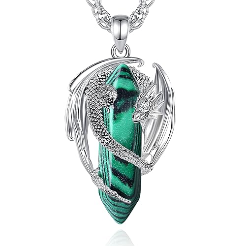 CELESTIA Drachen Kette Herren mit Malachit Halbedelsteine Edelstein Anhänger Heilkristalle Kette Blau Kristall Halskette Versilbert Mittelalter Schmuck Geschenke für Männer Frauen Partner von CELESTIA