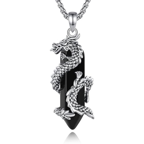 CELESTIA Drachen Kette für Damen und Herren, Halskette mit Schwarzer Obsidian Anhänger, Gothic Wikinger Schmuck, Y2k Accessoires, Coole Sachen, Glückssteine Kette, Mittelalter Geschenke von CELESTIA
