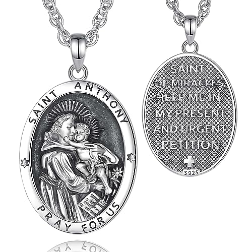 CELESTIA Heiliger Antonius Halskette für Männer Frauen Silber 925 Heiliger Antonius von Padua Medaille Schutz Anhänger Medaillon Kette Katholische Religiöse Schmuck Konfirmation Geschenke von CELESTIA