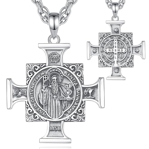 CELESTIA Heiliger Benedikt Kreuz Kette Herren Damen Silber 925 Benedikt von Nursia Anhänger Schutz Halskette Doppelseitiges Kreuzkette Schmuck Christliche Geschenke Katholische Männer Frauen von CELESTIA