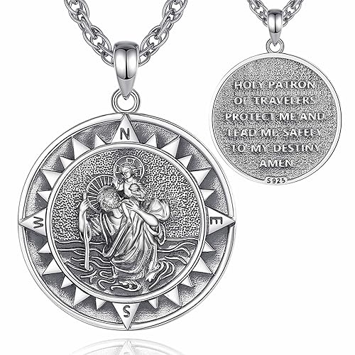 CELESTIA Heiliger Christophorus Anhänger Männer Frauen Silber Saint Christopher Halskette Schutz Kompass Kette Schmuck Talisman Glücksbringer Geschenke Christliche Geschenkideen Vatertag von CELESTIA