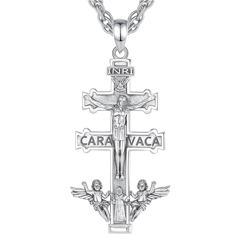 CELESTIA Jesus Kreuz Kette Damen Kruzifix Halskette Kreuzkette Caravaca Kreuz Anhänger Silber 925 mit St. Benedikt und Engels 60cm Edelstahlkette Spirituelle Geschenke Frauen von CELESTIA