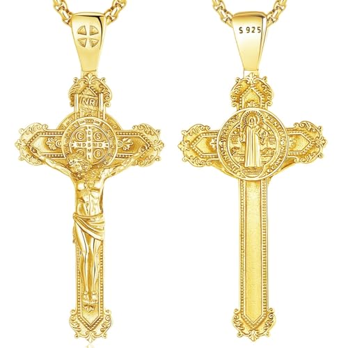 CELESTIA Kreuz Kette Herren Kreuzkette Gold Damen Benedikt Kreuz Halskette 925 Silber Kruzifix Kette Vergoldet Silber Kette mit Kreuz Jesus Kreuz Kette Christliche Geschenke von CELESTIA