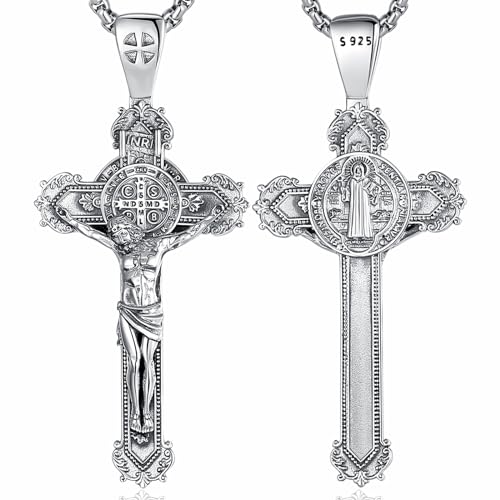 CELESTIA Kruzifix Kette Heiliger Benedikt Kette mit Kreuz Anhänger Silber Kreuzkette Jesus Kreuz Kette Damen Männer Silber 925 Benedikt von Nursia Halskette Doppelseitig Schmuck Geschenke von CELESTIA