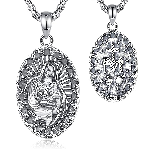 CELESTIA Miraculous Medaille Heilige Maria Schutz Halskette Silber 925 Madonna Medaille Anhänger Schmuck Amulett Christliche Geschenke für Frauen mit 56cm Verstellbare Edelstahlkette von CELESTIA
