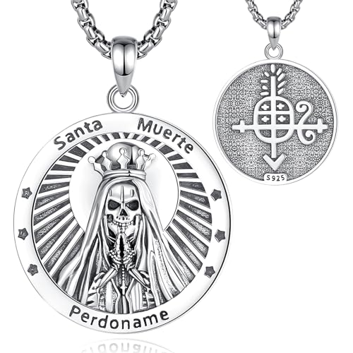 CELESTIA Santa Muerte Kette Sensenmann Kette Silber 925 Totenkopf Anhänger Schädel Goth Halskette Gothic Schmuck Halloween Geschenk Frauen Schutzkette Amulett Talisman Edelstahl Kette von CELESTIA