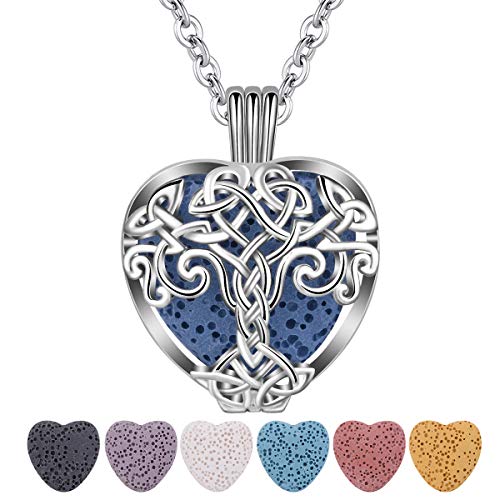 CELESTIA Silber Ätherisches Öl Diffusor Halskette, Keltischer Baum des Liebe Medaillon Anhänger mit 7 Absorbierende Lava Steine und Kette, Aromatherapie Schmuck, Damen Geschenke von CELESTIA