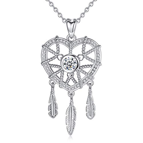 CELESTIA Traumfänger Halskette Damen 925 Sterling Silber Federn und Herz Anhänger mit Kette, Boho Schmuck, Glücklich Geschenke für Mädchen von CELESTIA