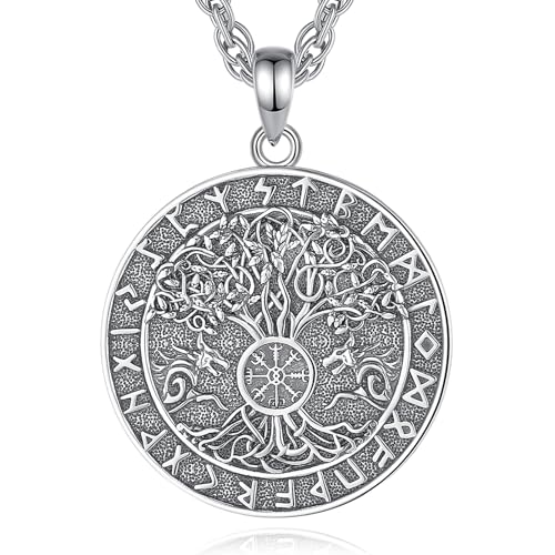 CELESTIA Wikinger Kette Herren Frauen - Wolf Kette Silber 925 Mit Kompass Anhänger Fenrir Vegvisir Yggdrasil - Halskette Mit Nordische Runen Schmuck Männer Mittelalter Geschenke von CELESTIA