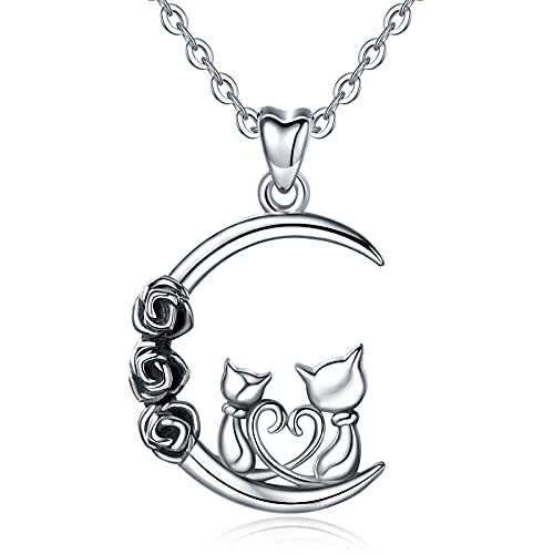 CELESTIA Zwillinge Katze Halskette für Damen Mädchen, 925 Sterling Silber Kätzchen und Mond Anhänger mit Kette, Freundschaft Valentinstag Geschenke Schmuck für Sie von CELESTIA