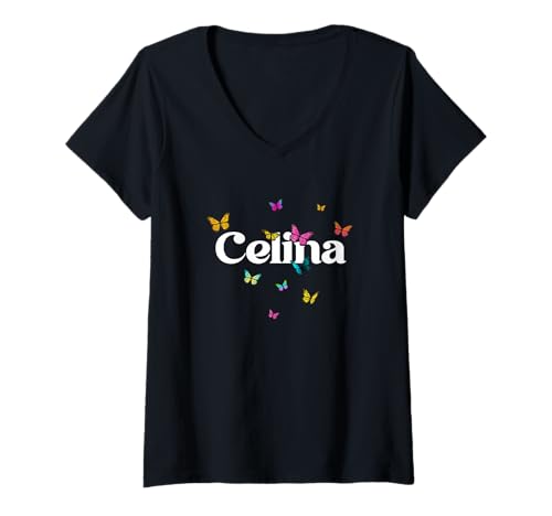 Damen Celina - Schöner Mädchen Name mit bunten Schmetterlingen T-Shirt mit V-Ausschnitt Damen Celina - Schöner Mädchen Name mit bunten Schmetterlingen T-Shirt mit V-Ausschnitt von CELINA Tochter Enkel Geburtstag Geschenkideen