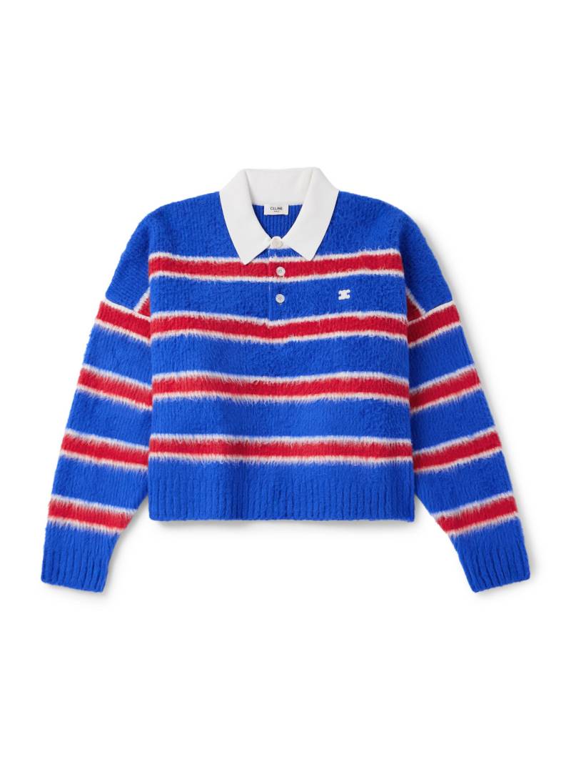 CELINE - Cropped Logo-Embroidered Striped Brushed Cotton-Blend Polo Shirt - Men - Blue - XL von CELINE