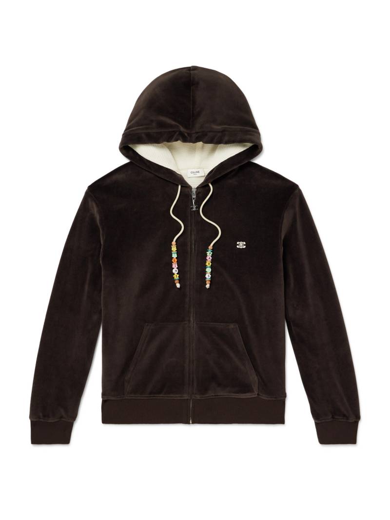 CELINE - Embellished Logo-Embroidered Cotton-Blend Velour Zip-Up Hoodie - Men - Brown - M von CELINE