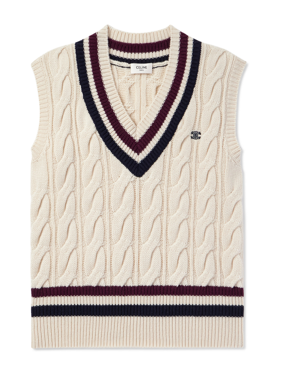 CELINE - Logo-Appliquéd Cable-Knit Striped Cashmere Sweater Vest - Men - Neutrals - XXL von CELINE