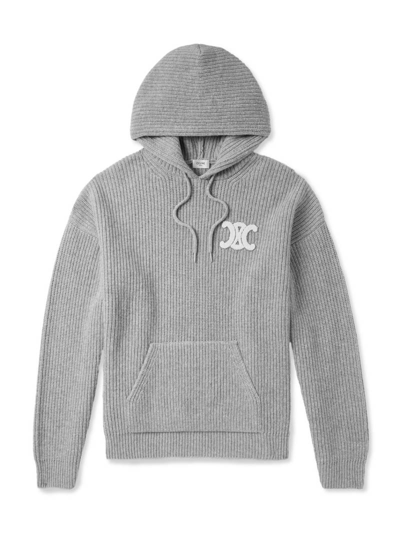 CELINE - Logo-Appliquéd Ribbed Wool Hoodie - Men - Gray - L von CELINE