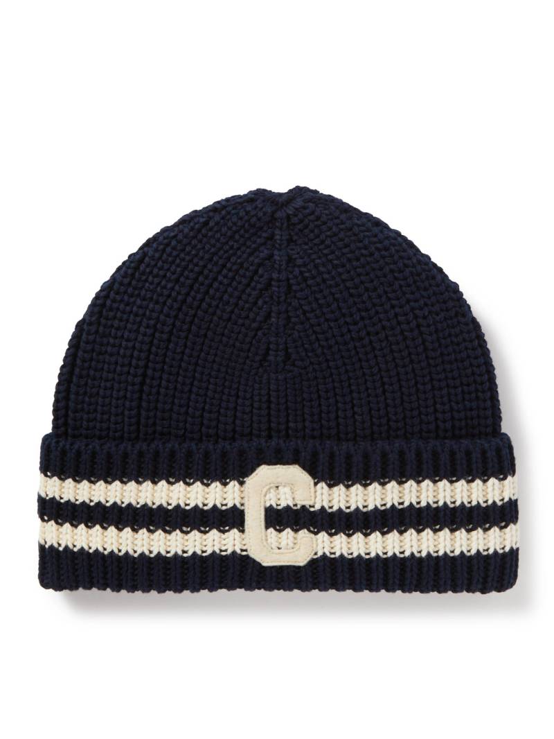 CELINE - Logo-Appliquéd Striped Ribbed Cotton Beanie - Men - Blue von CELINE