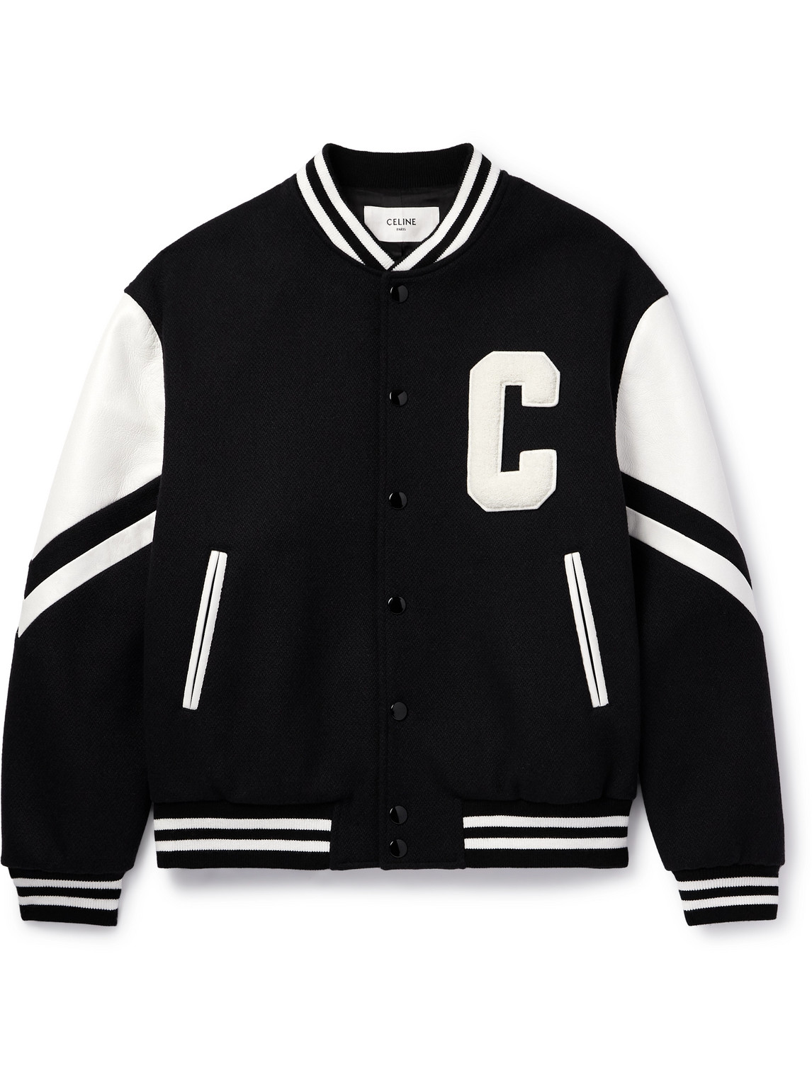 CELINE - Logo-Appliquéd Virgin Wool-Blend and Leather Varsity Jacket - Men - Black - IT 48 CELINE - Logo-Appliquéd Virgin Wool-Blend and Leather Varsity Jacket - Men - Black - IT 48 von CELINE