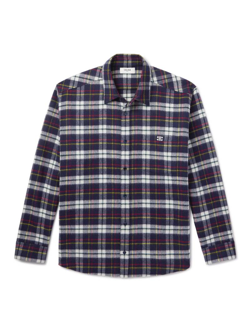 CELINE - Logo-Embroidered Checked Wool-Flannel Shirt - Men - Blue - EU 44 von CELINE