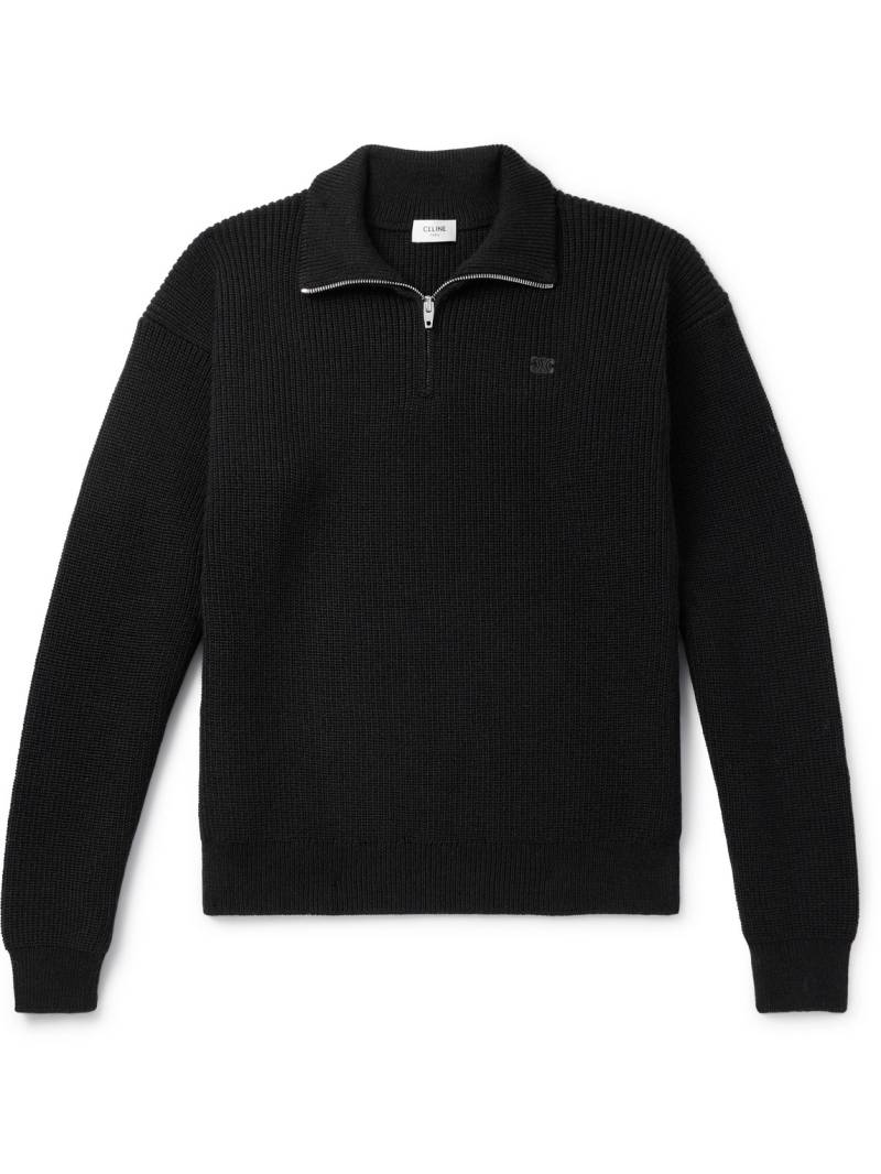CELINE - Logo-Embroidered Ribbed Wool Half-Zip Sweater - Men - Black - S von CELINE