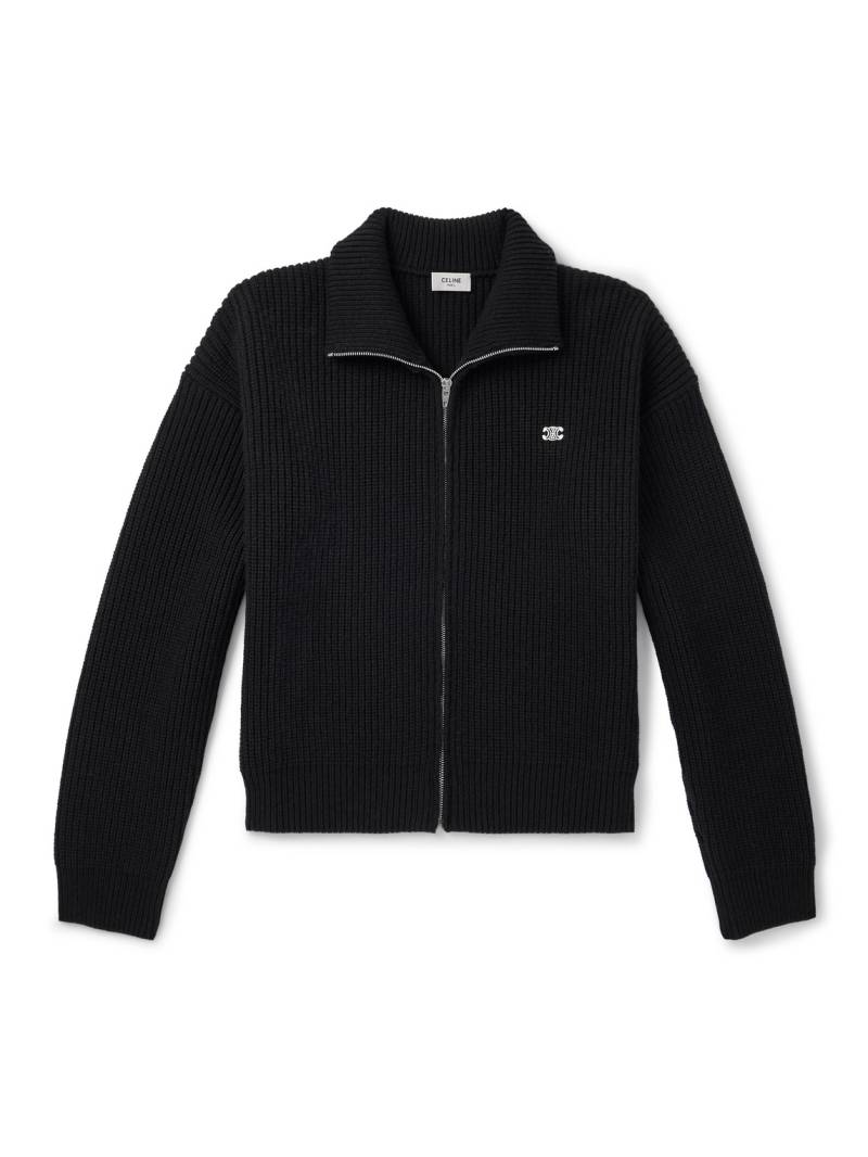 CELINE - Logo-Embroidered Ribbed Wool Zip-Up Cardigan - Men - Black - M von CELINE